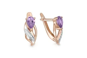Серьги из красного золота с 2 аметистами и 10 фианитами