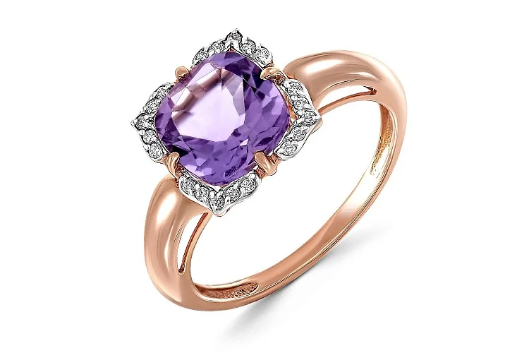 Кольцо из красного золота с аметистом и 20 фианитами