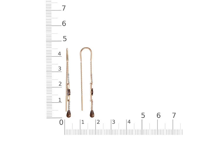 Серьги-продёвки из жёлтого золота с 4 раухтопазами и 20 фианитами