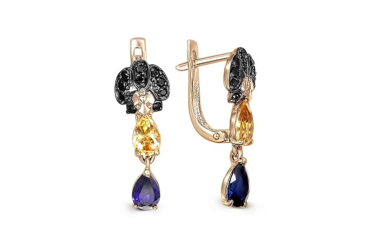 Серьги из красного золота с цитринами, корундами и фианитами