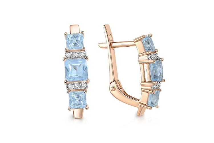 Серьги из красного золота с 6 топазами sky и 12 фианитами