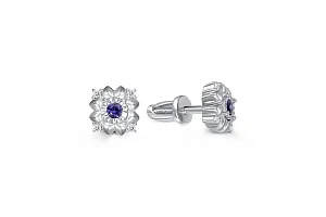 Серьги-пусеты Цветы из белого золота с 2 корундами и 8 фианитами