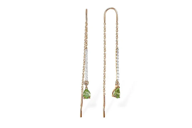 Серьги-продёвки Дорожки из красного золота с 2 хризолитами и 20 фианитами