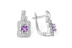 Серьги из белого золота с 2 аметистами и 60 фианитами