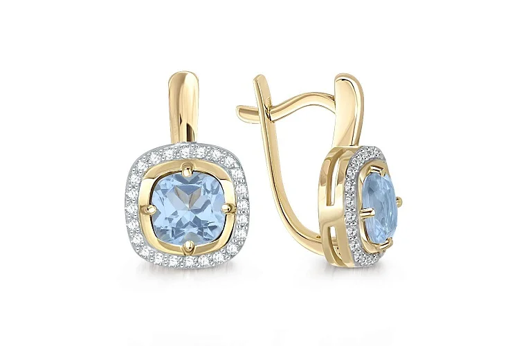 Серьги из жёлтого золота с 2 топазами sky и 48 фианитами