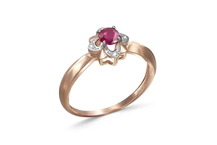 Кольцо Цветок из красного золота с корундом и 4 бриллиантами