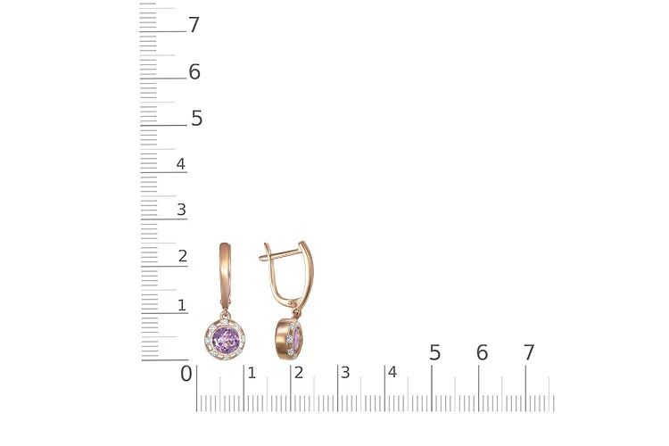 Серьги из красного золота с 2 аметистами и 16 фианитами