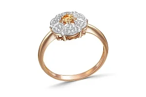 Кольцо Цветок из красного золота с цитрином и 24 фианитами