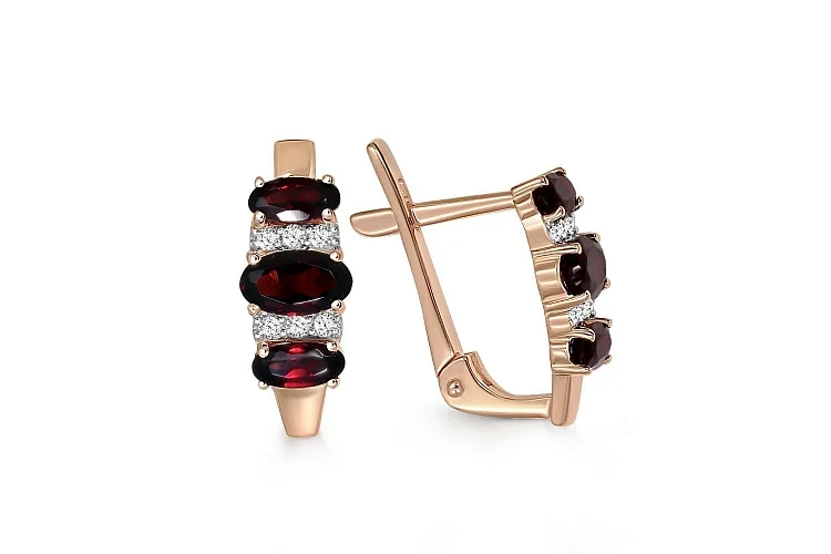 Серьги из красного золота с 6 гранатами и 12 фианитами