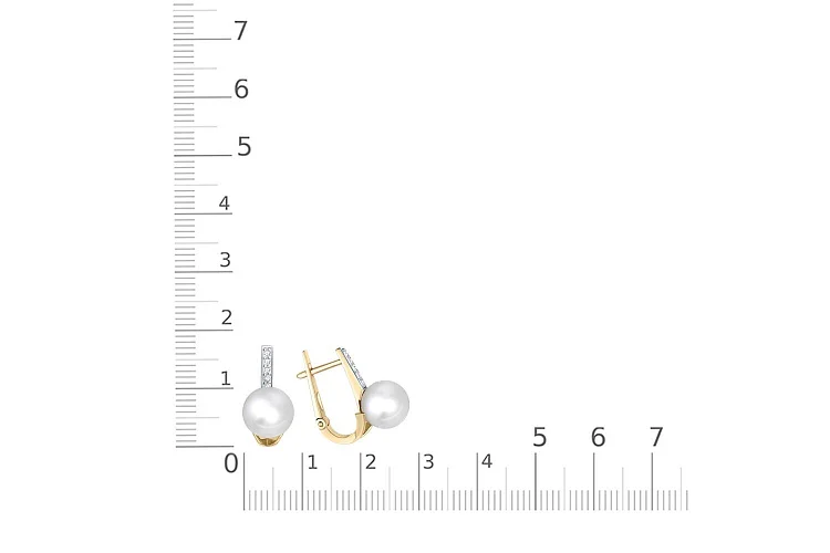 Серьги из жёлтого золота с 2 жемчужинами и 10 фианитами