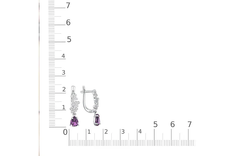 Серьги из белого золота с 2 аметистами и 30 фианитами