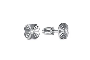 Серьги-пусеты Цветы из белого золота с 2 фианитами