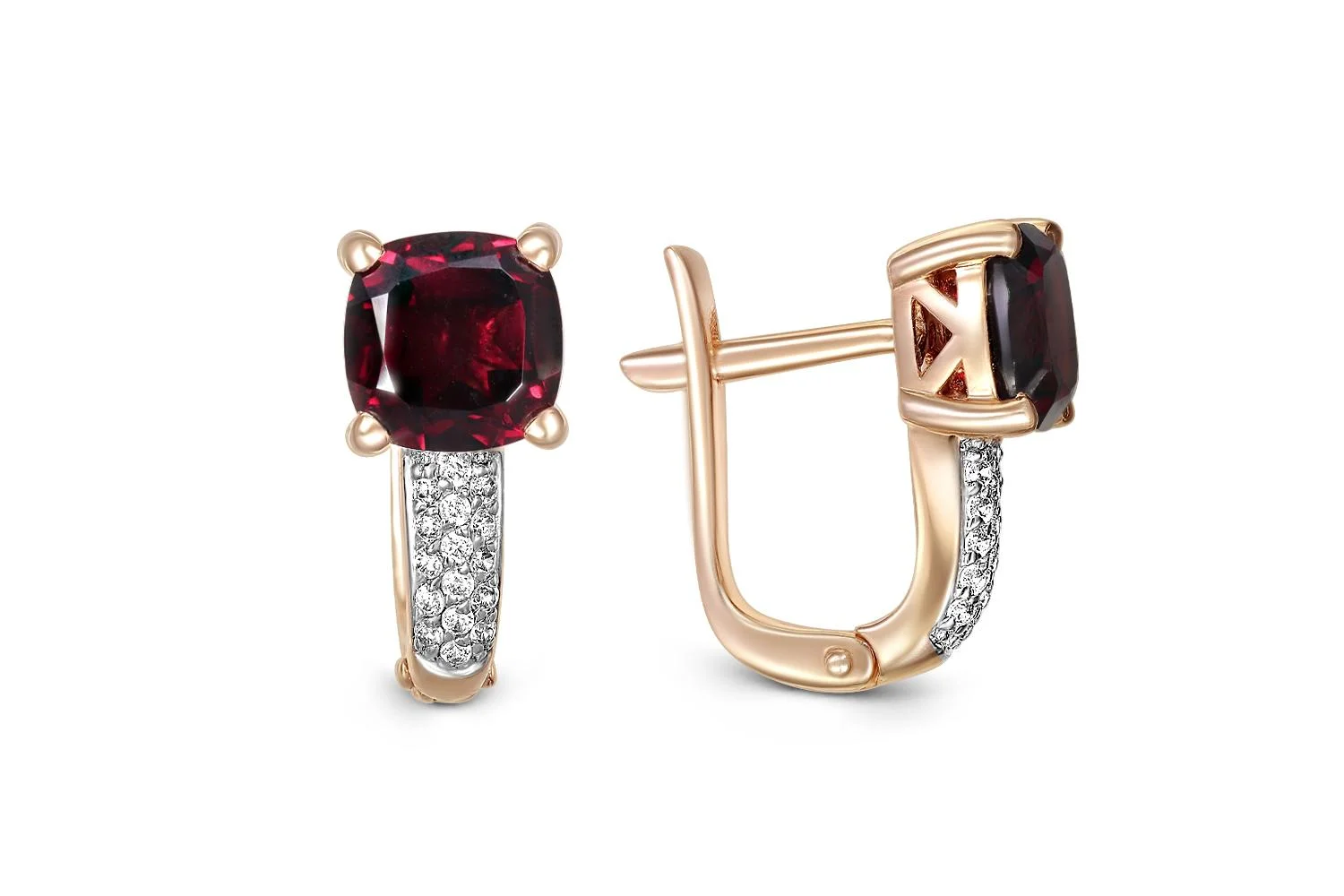 Серьги из красного золота с 2 гранатами и 32 фианитами
