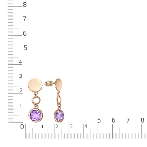 Серьги-пусеты из красного золота с 2 аметистами