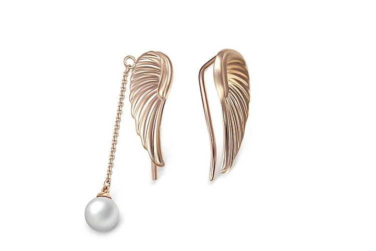 Серьги Крылья из красного золота с жемчугом