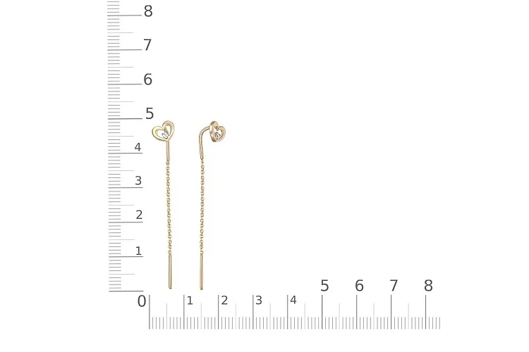 Серьги-продёвки Сердца из жёлтого золота с 2 фианитами