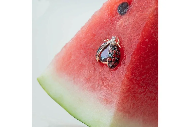 Брошь Божья коровка из красного золота с 66 фианитами