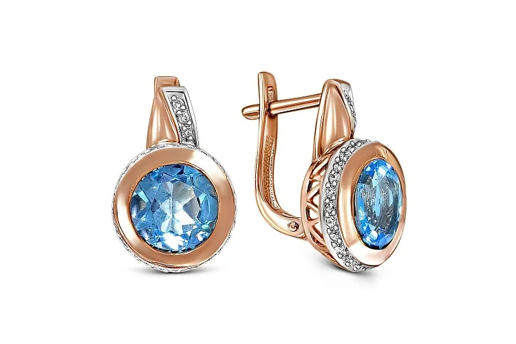 Серьги из красного золота с 2 топазами swiss и 58 фианитами