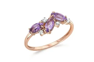 Кольцо из красного золота с 3 аметистами и 4 фианитами