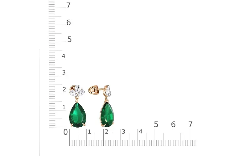 Серьги-пусеты из красного золота с 2 изумрудами и 6 фианитами