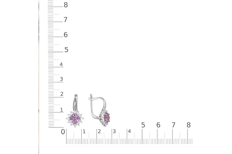 Серьги из белого золота с 2 аметистами и 24 фианитами