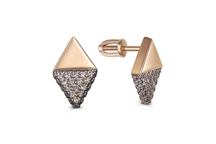 Серьги-пусеты Треугольники из красного золота с 50 фианитами