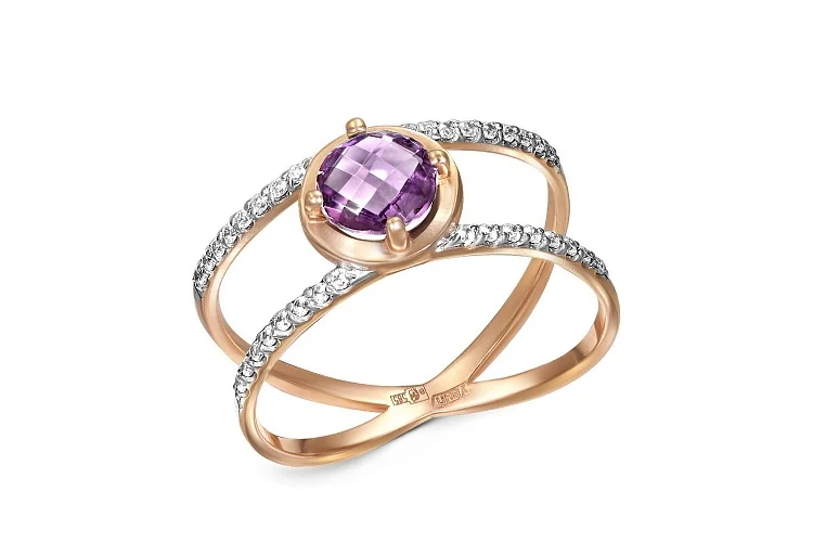 Кольцо из красного золота с аметистом и 32 фианитами