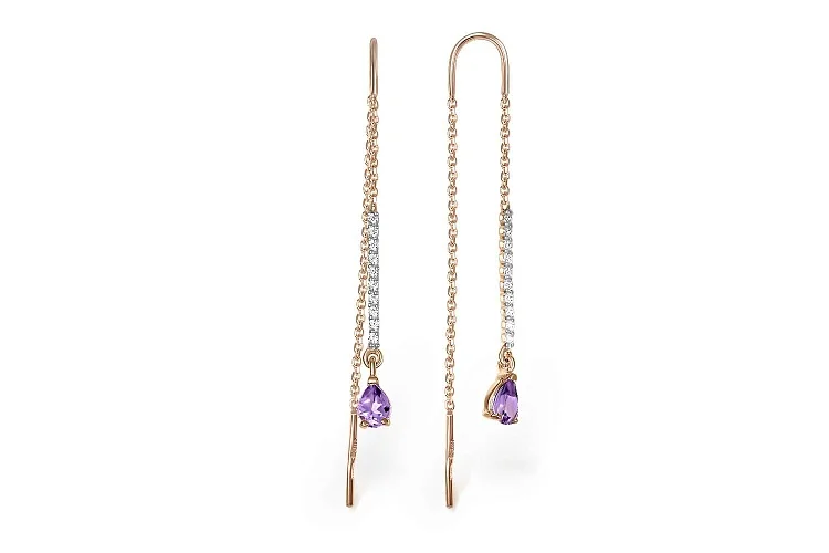 Серьги-продёвки Дорожки из красного золота с 2 аметистами и 20 фианитами
