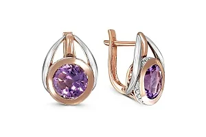 Серьги из красного золота с 2 аметистами и 36 фианитами