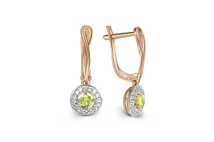 Серьги из красного золота с 2 хризолитами и 34 фианитами