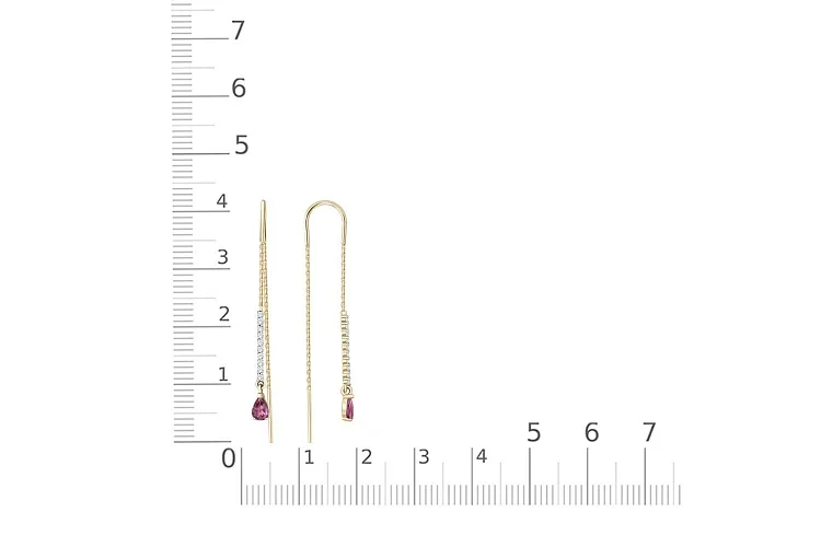 Серьги-продёвки Дорожки из жёлтого золота с 2 родолитами и 20 фианитами
