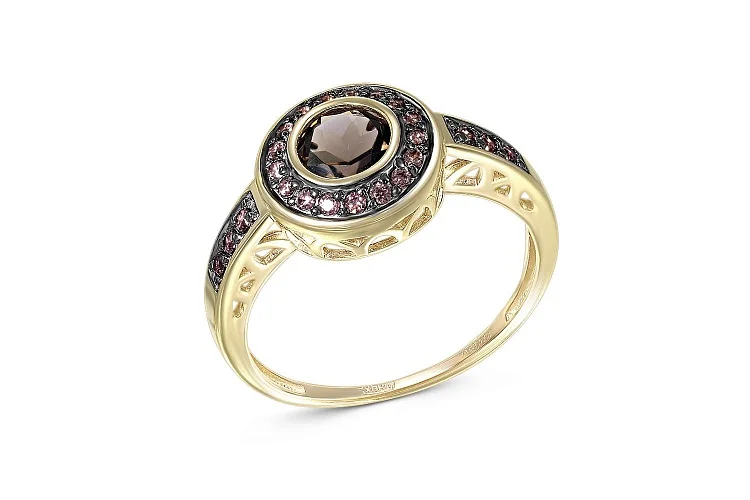 Кольцо из жёлтого золота с раухтопазом и 23 фианитами
