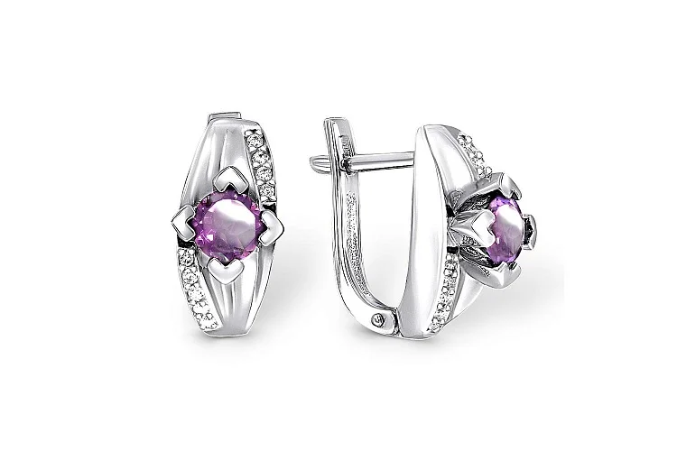 Серьги из белого золота с 2 аметистами и 18 фианитами
