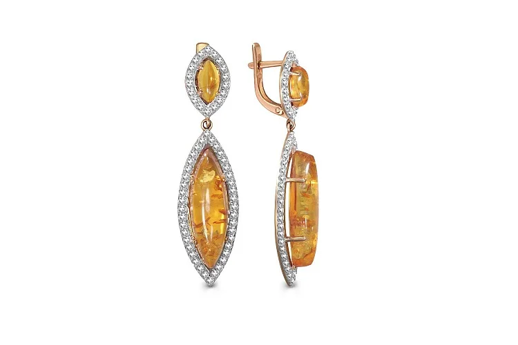 Серьги из красного золота с янтарём и 116 фианитами