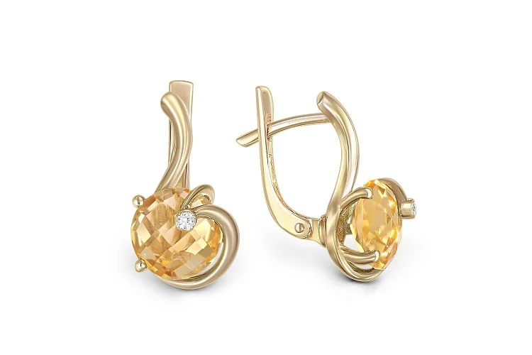 Серьги из жёлтого золота с 2 цитринами и 2 фианитами