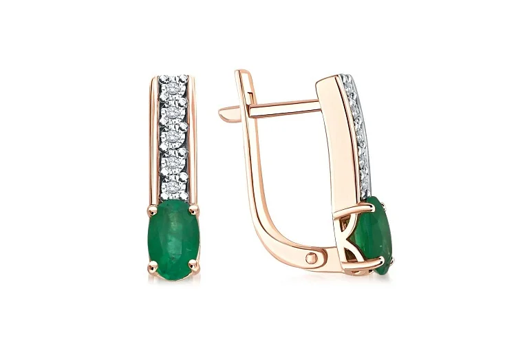 Серьги из красного золота с 2 изумрудами и 10 бриллиантами