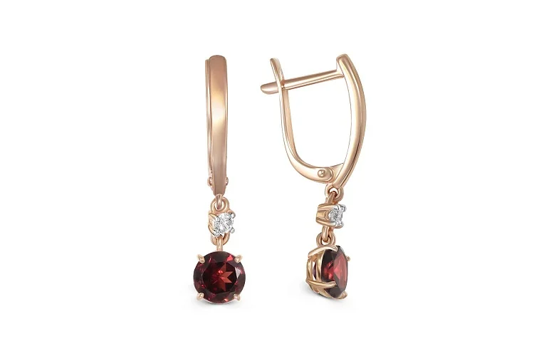 Серьги из красного золота с 2 гранатами и 2 фианитами