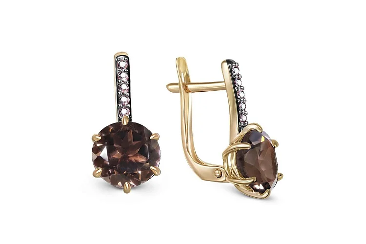 Серьги из жёлтого золота с 2 раухтопазами и 10 фианитами