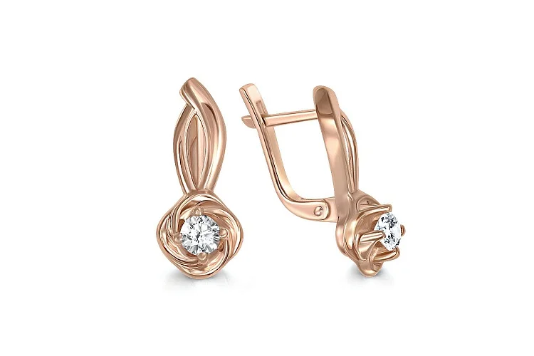 Серьги Цветы из красного золота с 2 фианитами