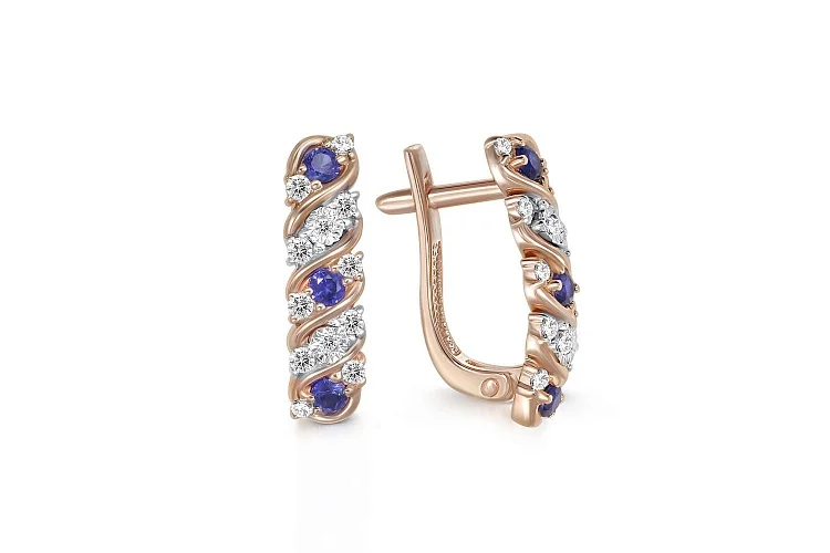 Серьги из красного золота с 6 корундами и 24 бриллиантами