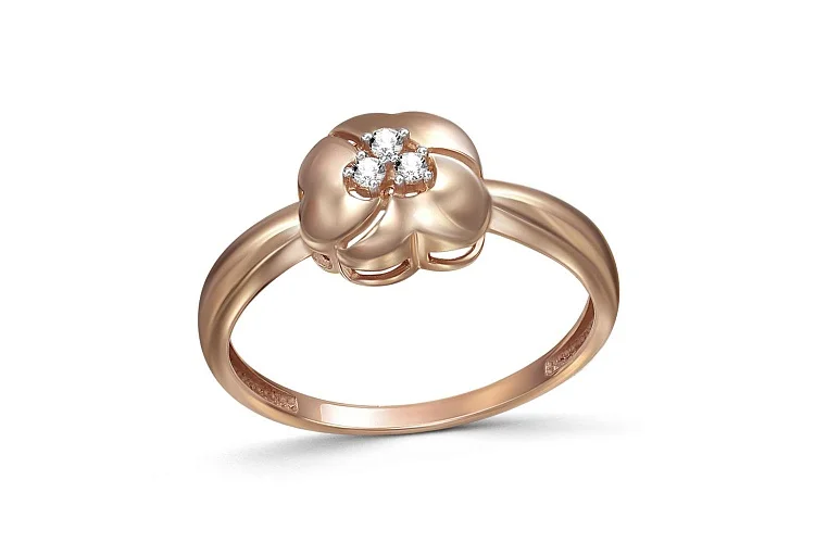 Кольцо Цветок из красного золота с 3 фианитами