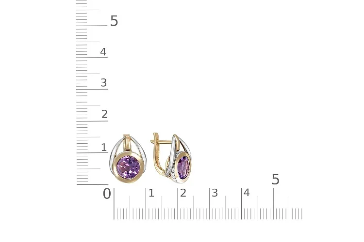 Серьги из жёлтого золота с 2 аметистами и 36 фианитами