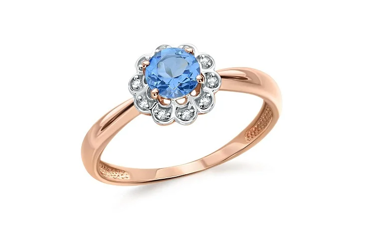 Кольцо Цветок из красного золота с топазом swiss и 10 фианитами