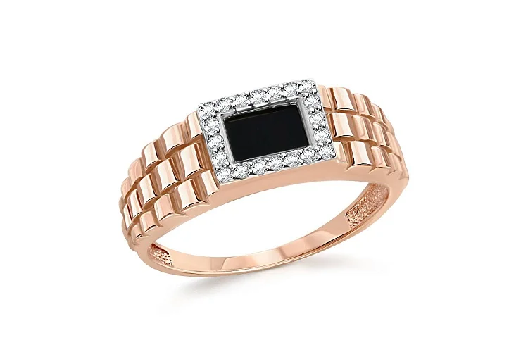 Печатка из красного золота с ониксом и 20 фианитами