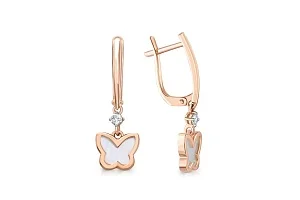 Серьги Бабочки из красного золота с перламутром и 2 фианитами