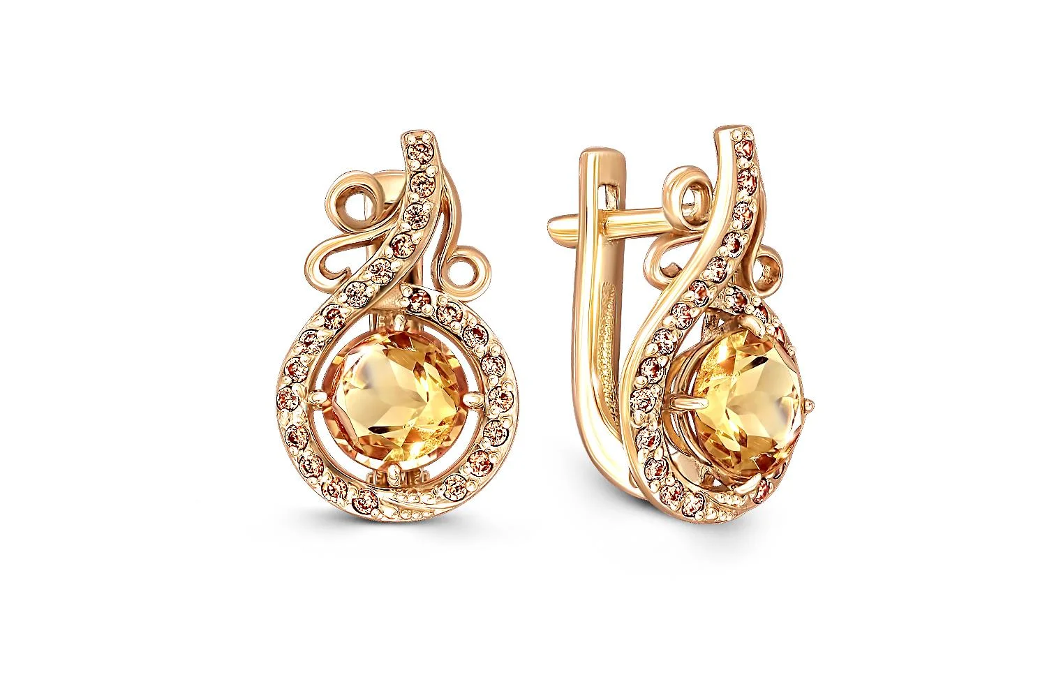 Серьги из жёлтого золота с 2 цитринами и 44 фианитами