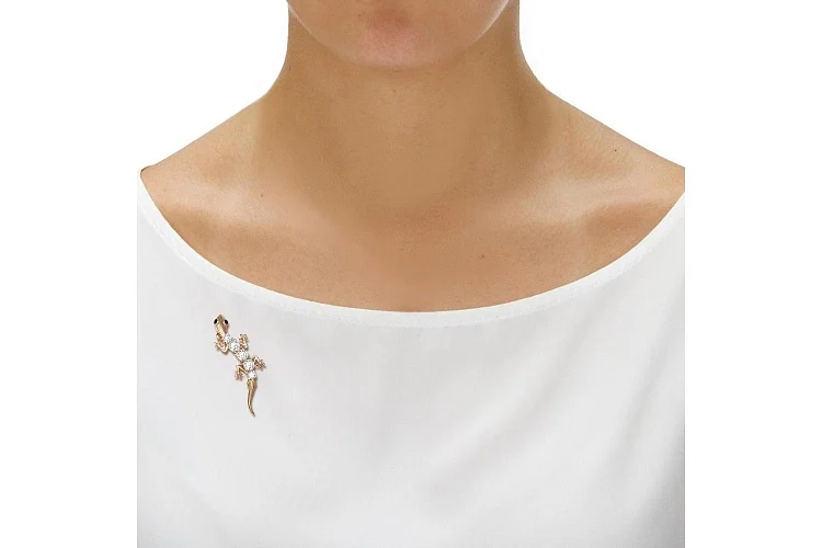 Брошь Ящерица из красного золота с 7 фианитами