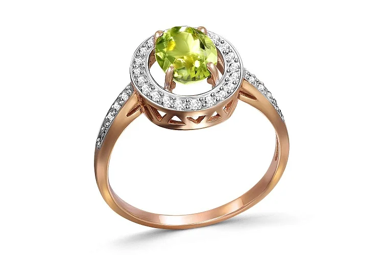 Кольцо из красного золота с хризолитом и 32 фианитами