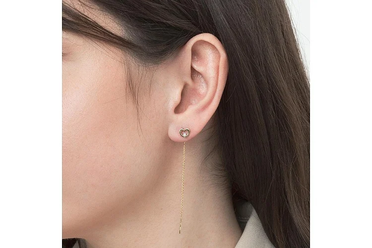 Серьги-продёвки Сердца из жёлтого золота с 2 фианитами