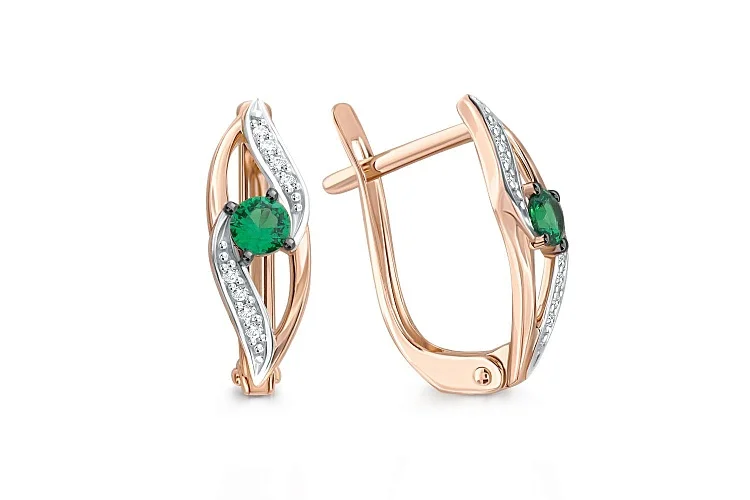 Серьги из красного золота с 2 изумрудами и 16 бриллиантами